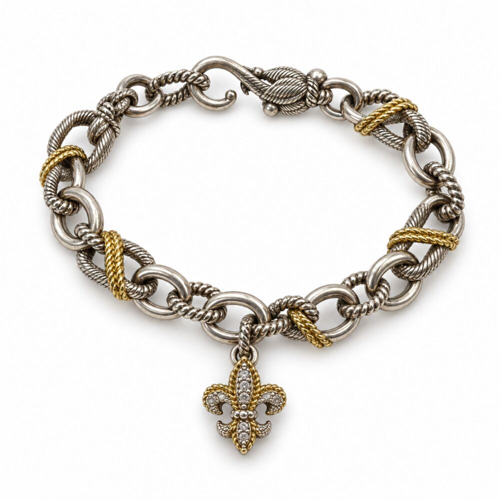 Judith Ripka Two Tone Link Bracelet Sterling Silver 18K Gold Fleur de Lis (8")